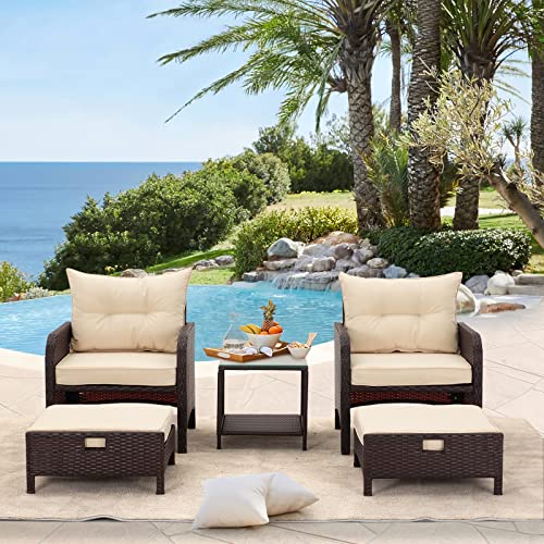 5 Pieces Patio Furniture Set, Outdoor Rattan Chairs with Tempered Glass Coffee Table, Ottomans & Soft Cushions, Wicker Conversation Bistro Set for Garden, Deck, Balcony, Poolside(Khaki)