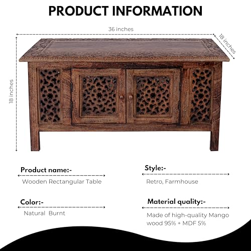 Hand-Carved Wooden Coffee Table – 36x18” Rectangular Mango Wood Center Table with Storage, Natural Burnt Finish, Living Room & Accent Table