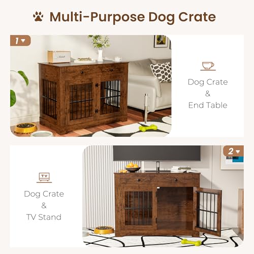 44'' Dog Crate Furniture w/Drawer Large Wooden Dog Kennel Indoor Dog House, view 6