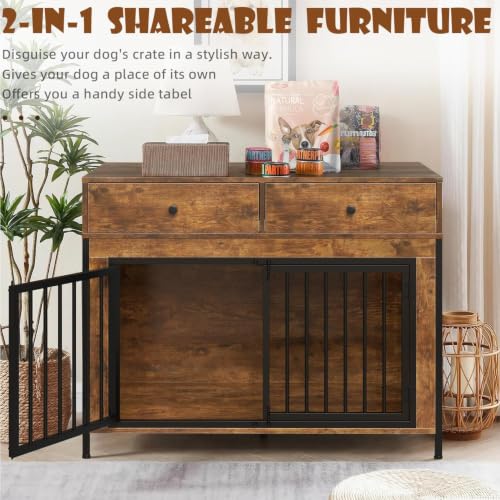 44 Inch Large Dog Crate Furniture with 2 Storage Drawers, view 5