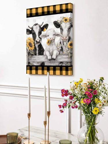 NuYeBiofx Farmhouse Cow Sheep Buffalo Plaid Canvas Wall Art Prints,30"x20" Framed Picture Artwork Rustic Sunflower Wood Fence Printed Canvas Oil Painting for Living Room Bedroom Office,Ready to Hang