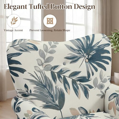 Modern Accent Chair,High Back Armchair,Upholstered Fabric Button Single Sofa with Wooden Legs for Living Room,Bedroom,Blue Leaves