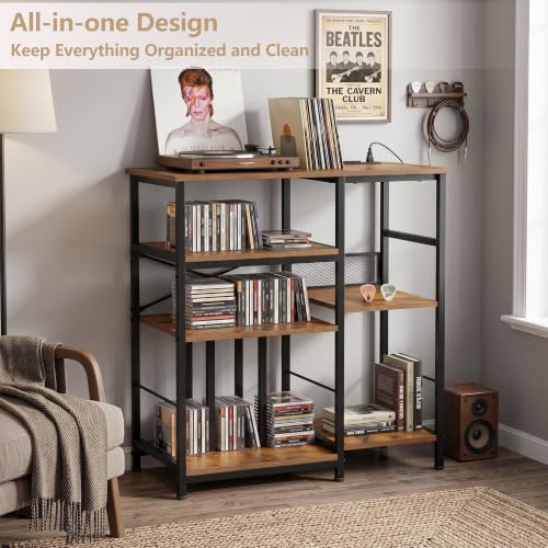 Record Player Stand with 300+ Vinyl Storage Shelves, Rustic Brown, view 4
