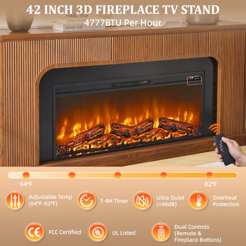 70" Fluted Fireplace TV Stand with 42'' Electric Fireplace, Walnut, view 5