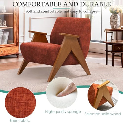 Home Accent Chair Mid Century Modern Accent Chair with Wood Frame, Lounge Upholstered Armchair, Reading Chair, Sturdy Base,For Living Room, Bedroom,Office,Comfy Guest Waiting Room Chairs,Orange