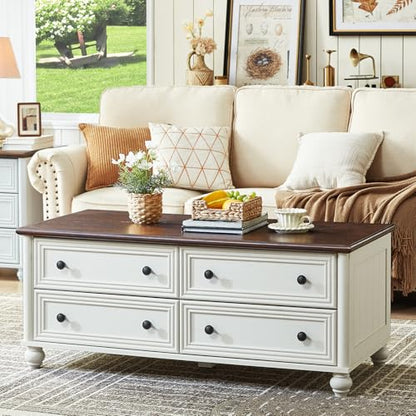 48" Farmhouse Coffee Table with Hidden Storage,Wooden Coffee Tables with 4 Drawers & Roman Column Handle,Rectangular Rustic Center Table with Solid Wood Curved Base for Living Room,Office,White