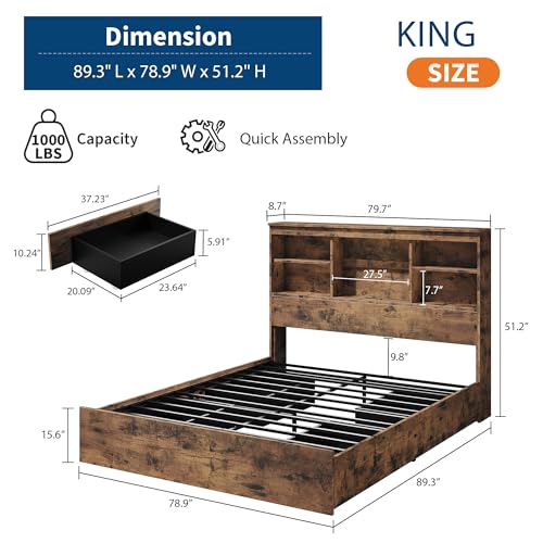 King Size Bed Frame with High Storage Bookcase Headboard,Brown, view 4