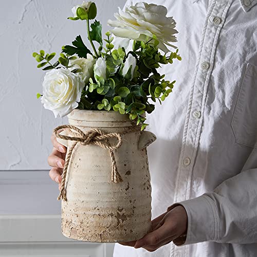 Ceramic Decorative Flower Vase, 8 Inch Rustic Distressed Pottery Decorative Flower Vase for Home Decor, Ideal Shelf, Bookshelf, Mantle, Entryway, Living Room, Table Decor