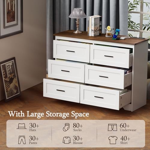 Farmhouse Dresser for Bedroom 6 Drawers Dresser with Power Outlets Rustic Chest, view 8