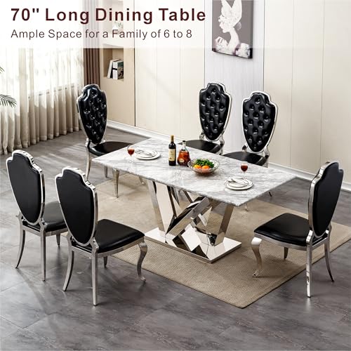 Marble Dining Table for 6 People, 70'' Rectangle Faux Marble Dining Table with Mirrored Stainless Steel Base, Large Size Marble Kitchen Table (Silver,Grey)(ONLY Table)