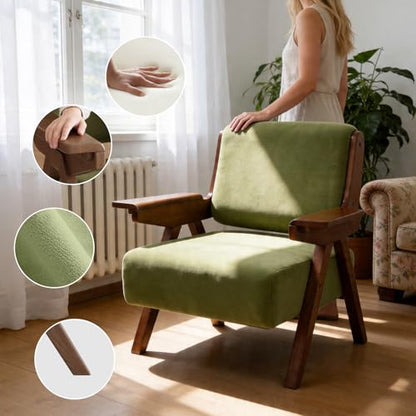 Accent Chair, Mid-Century Modern Velvet Lounge Chair with Wood Arms | Thick Cushioned Seat, Solid Wood Arms, Ergonomic Comfort for Living Rooms, Bedrooms, Reading Rooms & Reception Areas, Green
