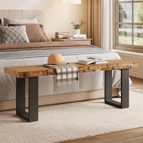 47" Solid Wood Entryway Bench, Industrial Wooden Shoe Bench with Metal Legs, Narrow Long End of Bed Bench for Bedroom, Living Room, Small Space, Easy Assembly