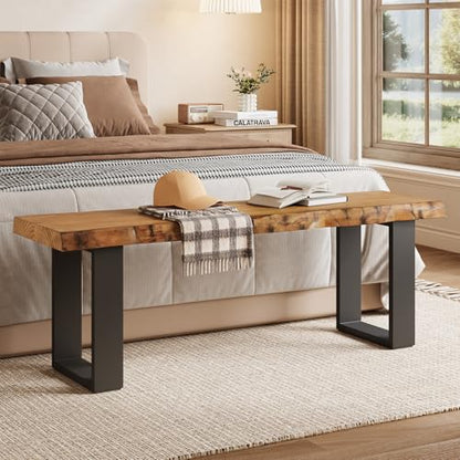 47" Solid Wood Entryway Bench, Industrial Wooden Shoe Bench with Metal Legs, Narrow Long End of Bed Bench for Bedroom, Living Room, Small Space, Easy Assembly
