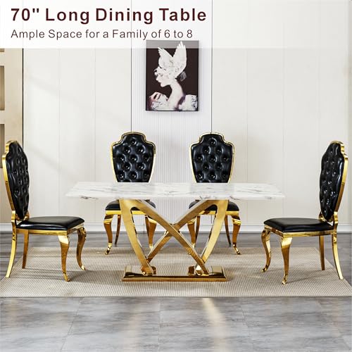 Marble Dining Table for 6 People, 70'' Rectangle Faux Marble Dining Table with Mirrored Stainless Steel Base, Large Size Marble Kitchen Table (Gold,White)(only Table)