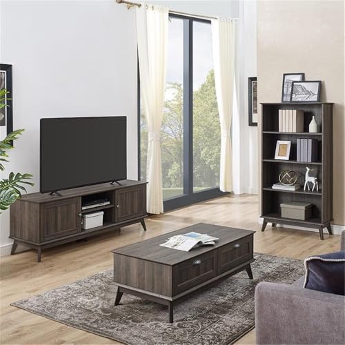 Wood Coffee Table with 2 Drawers, Smoke Oak Finish, 45 x 22 in, Engineered Wood and Metal, Durable Laminate, Scandinavian Design Living Room Table with Storage