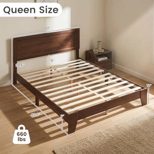 Queen Size Bed Frame, Mid-Century Modern Platform Bed with Headboard, view 3
