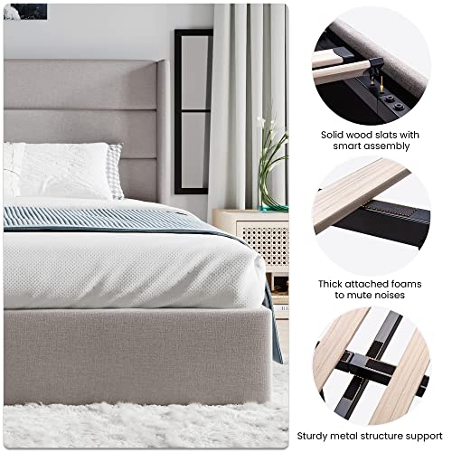 King Size Lift Up Hydraulic Storage Bed Frame Light Beige, view 4