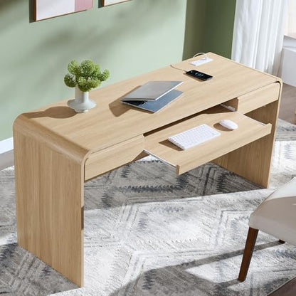 63" Modern Computer Desk with 2 Drawers, Wood Curved (Natural), view 2