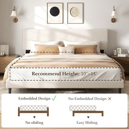 Queen Bed Frame, Upholstered Bed with Teddy Velvet Headboard, Beige, view 7