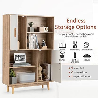 Storage Cabinet with Legs, Floor Cabinet with Doors, Shelves, Anti-Tipping Device, 4-Tier Bookshelf for Books & Photos, Tall Cupboard in Living Room, Kitchen Buffet Sideboard