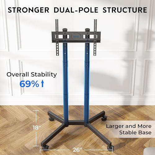 Rolling TV Stand for 32-75 Inch TVs, Height Adjustable Mobile TV Cart on Wheels, Heavy Duty TV Stand Supports Up to 110lbs, Stable Dual-Column Design, Cable Management, Indoor, Outdoor