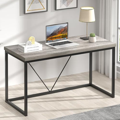 Modern Home Office Desk, Industrial Vintage Computer Desk, Rustic Wood and Metal Study Writing Table, Simple Work Gaming PC Desks for Bedroom Living Room, Light Grey 53 Inch