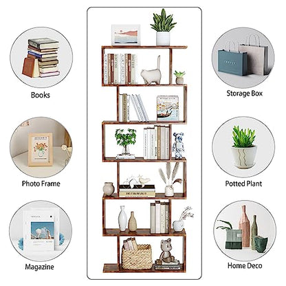 Geometric Bookcase, Bookshelf 6-Tier S Shaped Book Shelves for Bedroom, Modern Wood Decorative Display Shelf Tall Book Case for Home Office, Rustic Brown