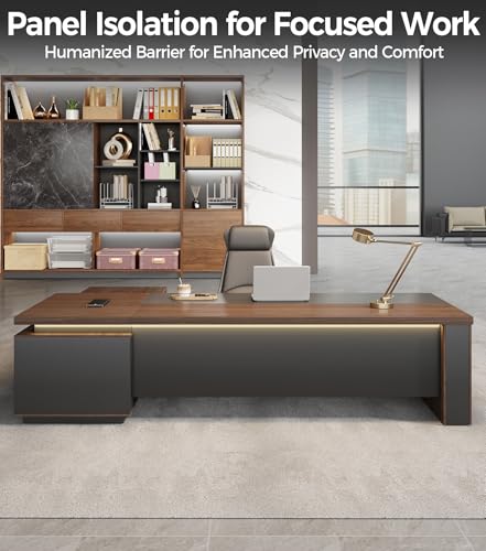 63" Reversible L-Shaped Executive Desk with Drawers – Compact Office Computer Desk with Open Shelves, LED Lighting, Built-in Outlet & USB Ports for Home, Office, School (63" W x 63" D x 30" H)