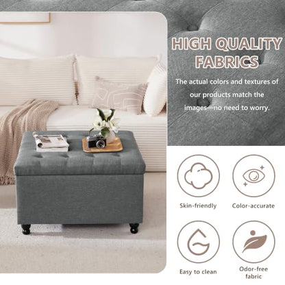 Grey Tufted Square Ottoman with Storage, Solid Wood Frame, view 7