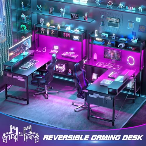 L Shaped Gaming Desk with Power Outlets & LED Lights, Black, view 8