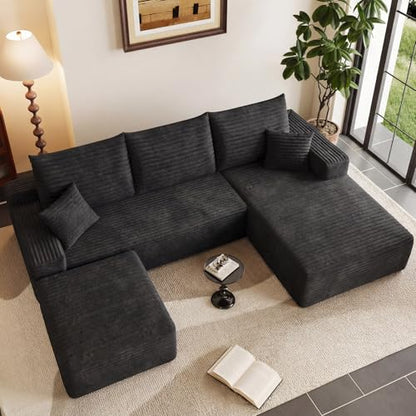 95" Cloud Sectional Couch with Ottoman,Modern U-Shaped Cloud Couch with Deep Seat,Comfy Corduroy 3-Seater Sofa,Memory Foam Sofa for Living Room,No Assembly (Black,Right-Facing Chaise)