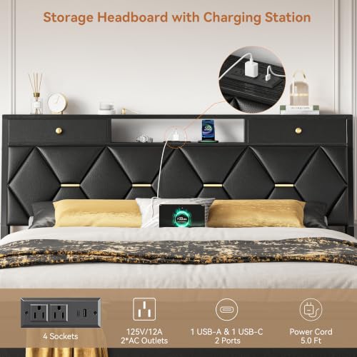 Queen Bed Frame with Storage Headboard and Drawers, PU Leather, view 7