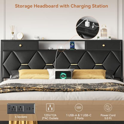 Queen Bed Frame with Storage Headboard and Drawers, PU Leather, view 7