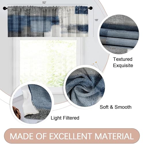 4 Pack Valances Window Treatments, Blue and Grey Abstract Modern Art Blackout Drapes Adjustable Curtain for Windows Living Room Kitchen Over Sink, 52x18 Inch Rod Pocket Valances