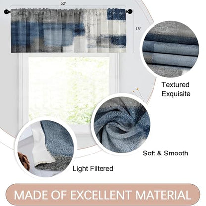 4 Pack Valances Window Treatments, Blue and Grey Abstract Modern Art Blackout Drapes Adjustable Curtain for Windows Living Room Kitchen Over Sink, 52x18 Inch Rod Pocket Valances