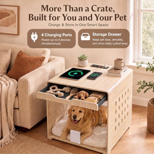 Modern Dog Crate Furniture Wooden Kennel Charging Station End Table Oak, view 6