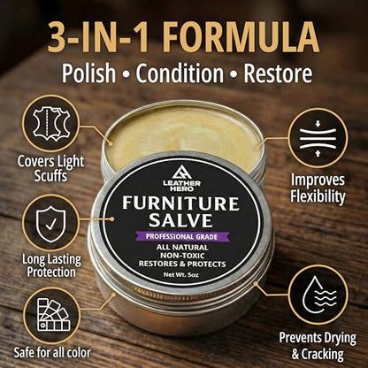 3-in-1 Furniture Salve for Leather & Wood – Polisher, Conditioner, & Restorer for Couches and Furniture- Leather Repair Salve with Brush & Buffing Pad- 5oz