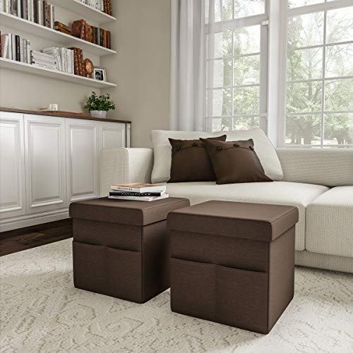 Set of 2 Ottomans with Storage Pockets - 15-Inch Folding Foot Rests or Storage Organizers for Bedroom, Living Room, or Dorm by (Brown)