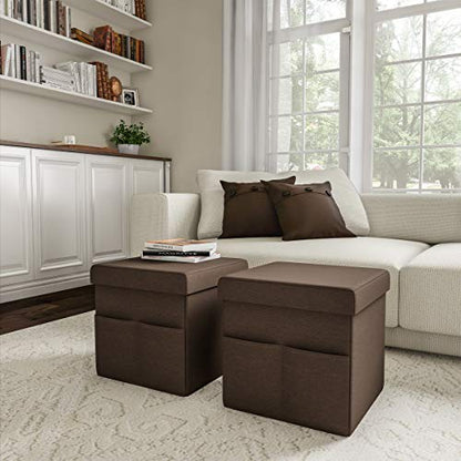 Set of 2 Ottomans with Storage Pockets - 15-Inch Folding Foot Rests or Storage Organizers for Bedroom, Living Room, or Dorm by (Brown)