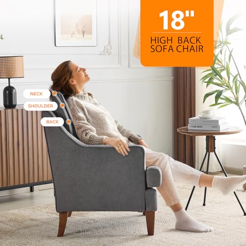 Mid-Century Accent Chairs, Light Grey Upholstered Armchair Comfy Sofa Chair Reading Chair High Back Living Room Bedroom Furniture for Apartment