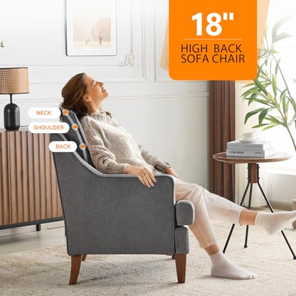Mid-Century Accent Chairs, Light Grey Upholstered Armchair Comfy Sofa Chair Reading Chair High Back Living Room Bedroom Furniture for Apartment