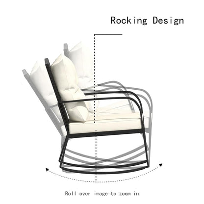 3 Pieces Patio Furniture Set, Rocking Chairs Wicker Outdoor Bistro Set Armchair Patio Furniture Conversation Sets with Tempered Glass Top Coffee Table & Cushions, Off White