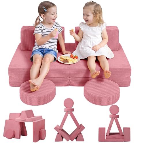 Kids Couch for Playroom, Corduroy Convertible Toddler Couch, 8 Piece Modular Play Sofa, Foam Fort Building Set for Child Room Furniture, Pink