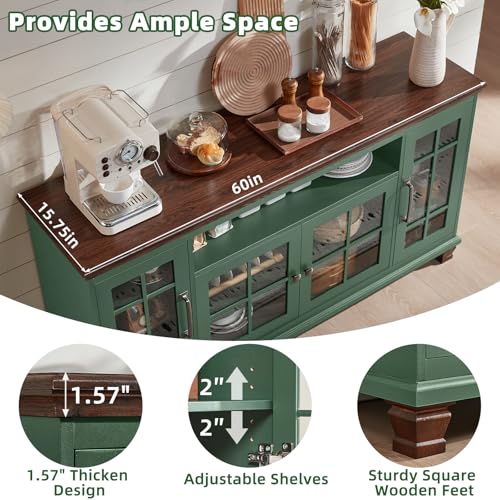 60-Inch Sideboard Buffet Cabinet with Glass Doors,Vintage Green, view 5