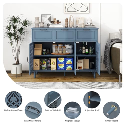 Blue 3 Doors 3 Drawers Buffet Sideboard Cabinet - Accent Cabinet with Adjustable Shelves，47 Inch Wide Wood Storage Cabinets for Dining Room,Living Room and Kitchen