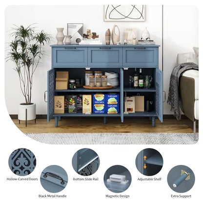 Blue 3 Doors 3 Drawers Buffet Sideboard Cabinet - Accent Cabinet with Adjustable Shelves，47 Inch Wide Wood Storage Cabinets for Dining Room,Living Room and Kitchen