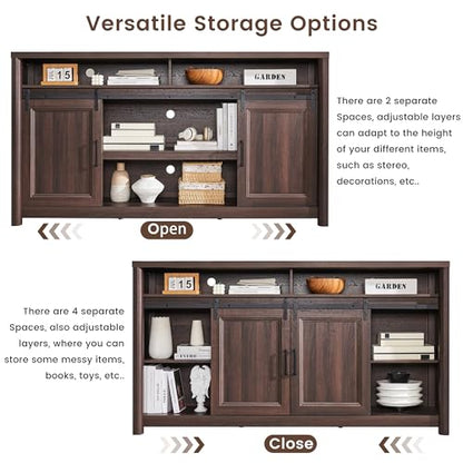 Farmhouse TV Stand for Living Room, Entertainment Center with Storage, Walnut TV Console for Bedroom, Media Storage Cabinet with Sliding Barn Doors & Adjustable Shelves, Fits 80 Inch TV, Rustic Wood