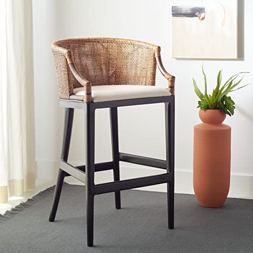 SAFAVIEH Furniture - Brando Rattan Bar Stool - Brown & Black - Solid Wood - Coastal Rattan-Back Design - Ideal for Kitchen, Bar Area, Dining Room (SEA4014D)