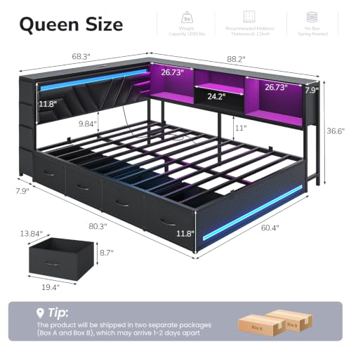 Queen Corner Bed Frame with Storage Bookcase,4 Drawers & Charging Station, view 3