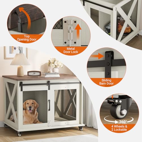 Modern Farmhouse Wooden Dog Crate Furniture with Sliding Barn Door, Turn Top, view 6